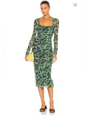 Ganni green floral long sleeve mesh bodycon midi dress small